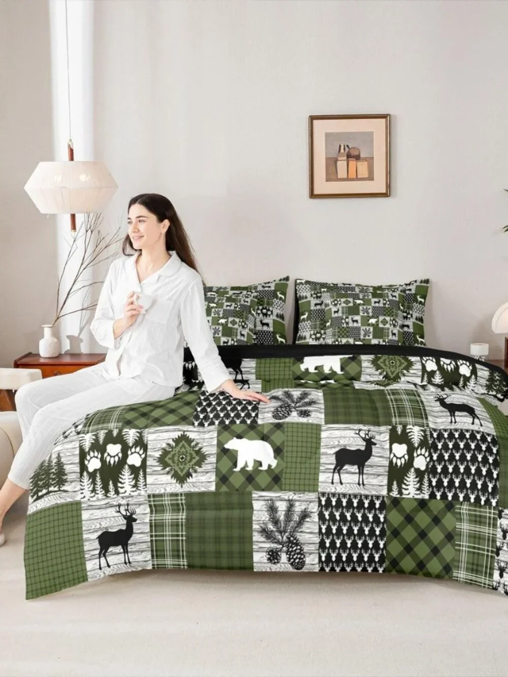 Lodge Plaid Comforter Set King Size 7 Pieces Bear Deer Bedding Set for Kids Boys